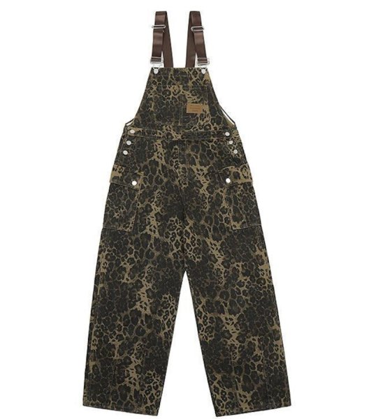 画像1: Leopard print wide leg multi-pocket  Denim Overalls 　ユニセックス男女兼用レオパードヒョウ柄マルチポケットオーバーオール (1)