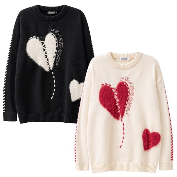 画像1: 24 Unisex heart applique Heart Choice sweater knit  ユニセックス 男女兼用 ハートアップリケ セーター ニット  (1)