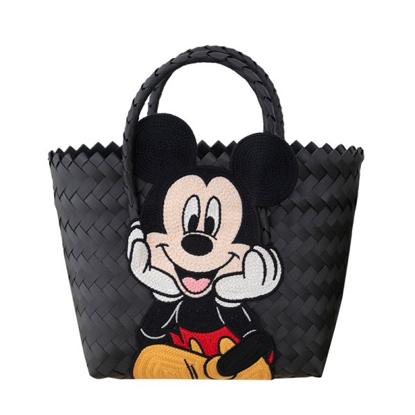 画像1: Mickey Mouse Black  Braided intrecciato mesh Tote Bag basket picnic shopping bag ミッキーマウス ミッキー イントレチャート メッシュ バスケット ピクニック ショッピングバッグ トート 籠 かごバッグ (1)