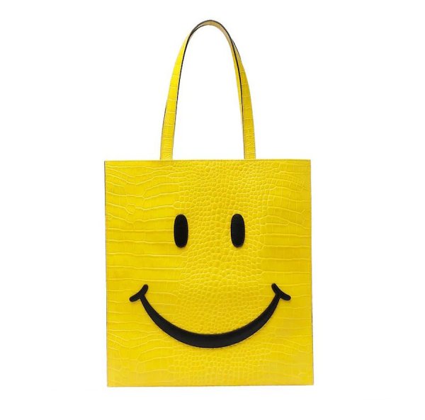 画像1: Big Smiley Face Smile tote bag ユニセックス 男女兼用 スマイル スマイリーフェイス ニコちゃん  イエロー ショッパートート  バッグ (1)