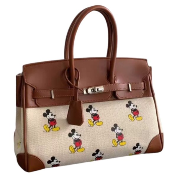 画像1: Mickey print genuine leather handle canvas black tote shoulder crossbody bag　ミッキープリントレザーハンドルキャンバスBKトート ショルダークロスボディバッグ　 (1)