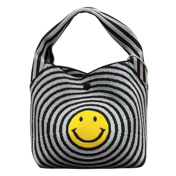 画像1: Smiley Face Single Shoulder Knit Bucket Handbag   スマイリーフェイスシングルショルダーニットバケットハンドバッグ (1)