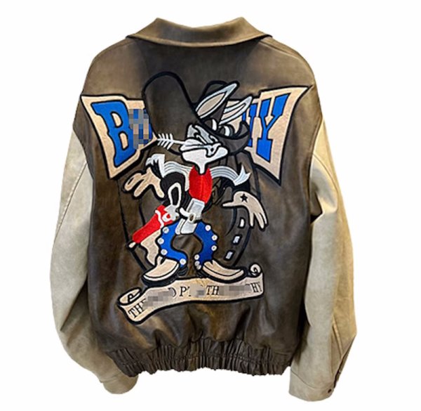 画像1: Bugs Bunny embroidered leather contrast color jacket Stadium jumperbaseball uniform blouson 　ユニセッ クス男女兼用 バッグズバニー刺繍レザーコントラストカラージャケットスタジャン ジャンパー  ブルゾン (1)