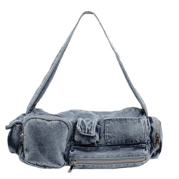 画像1: Multi-pocket denim underarm tote shoulder bag Handbag   ウォッシュデニムマルチポケットアンダーアームトートショルダーバッグハンドバッグ (1)