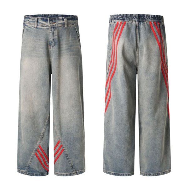 画像1: Unisex Striped splicing denim loose denim pants trousers 　男女兼用 ユニセックス ストライプ3ラインスプライシングジーンズデニム　パンツ (1)