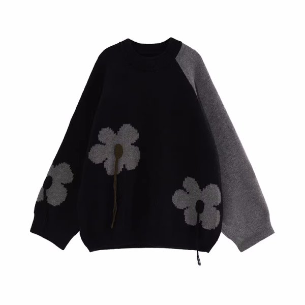 画像1: Flower color matching thick sweater knitted　フラワー セーターラウンドネック プルオーバー (1)