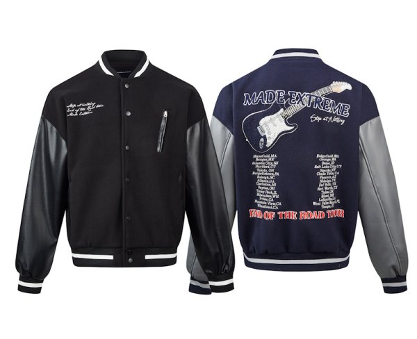 画像1: MADE EXTREME Electric Guitar embroidered lapel jacketStadium Jumper baseball uniform jumper  blouson ユニセックス 男女兼用ギターエンブレムレザースリーブ スタジアムジャンパー スタジャン MA-1 ボンバー ジャケット ブルゾン (1)