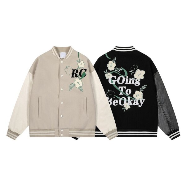 画像1: Flower embroidered leather sleeve hip hop stadium jacket Stadium Jumper baseball uniform jumper  blouson ユニセックス 男女兼用フラワー刺繍レザースリーブ ヒップホップ スタジアムジャンパー スタジャン MA-1 ボンバー  (1)