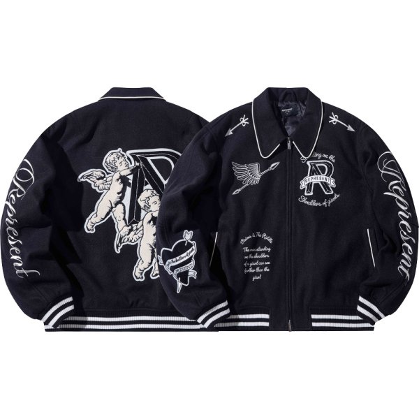 画像1: REPRESENT Angel Embroidery Double Zip Up jacket Stadium Jumper baseball uniform jumper  blouson ユニセックス 男女兼用エンジェル刺繍ダブルジップアップジャケット スタジアムジャンパー スタジャン MA-1  (1)