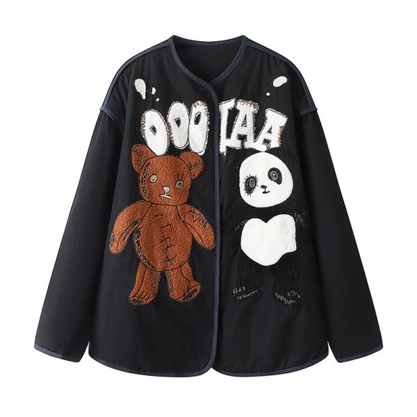 画像1: Panda & Bear Applique Embroidery Mid-length Quilted Coat Jacket　パンダ＆ベアアップリケ刺繡 ミディアム丈キルティングコート ジャケット (1)