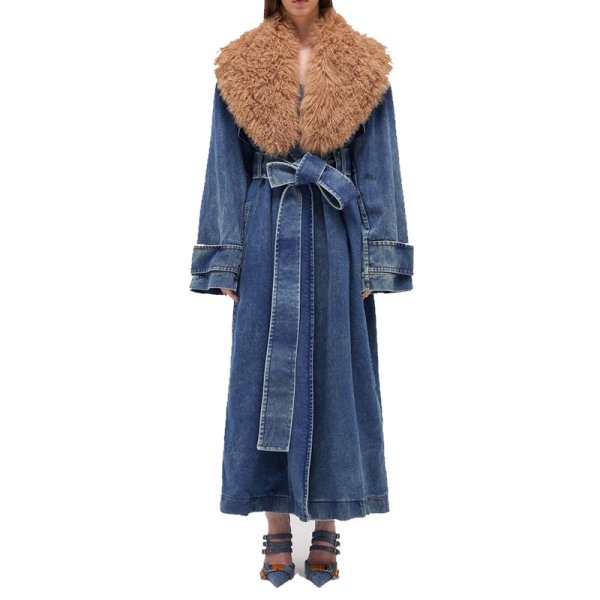 画像1: Fur collar denim long coat jacket　ファー襟デニムコート ジャケット (1)