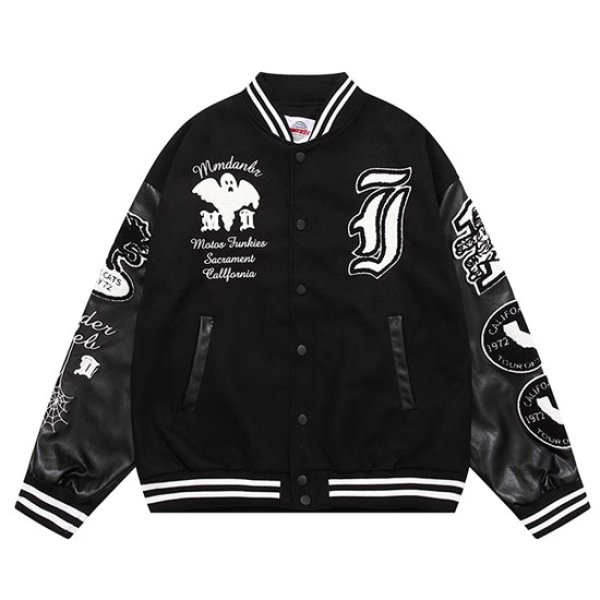 MMDANBR Hip hop tiger flocking embroidery PU leather baseball uniform  jacket BASEBALL JACKET blouson ユニセックス 男女兼用 刺繍ジャケットスタジアムジャンパー スタジャン MA-1  ボンバー ジャケット ブルゾン