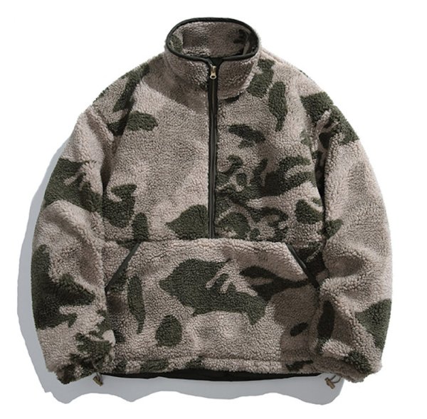 画像1: Camouflage lamb wool fleece half zip jacket blouson ユニセックス 男女兼用迷彩ラムウールフリース ハーフジップジャケット ボンバー ブルゾン (1)