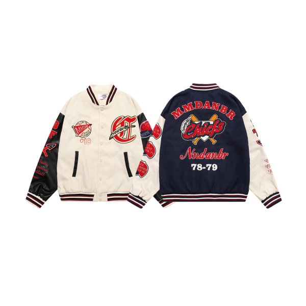 画像1: MMDANBR 78-89 embroidery leather sleeves baseball jacket stadium jacket baseball uniform blouson  ユニセックス 男女兼用 刺繍スタジアムジャンパー ダウンジャケット スタジャン MA-1 ボンバー ジャケット ブルゾン (1)