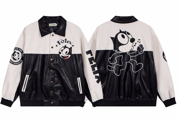 画像1: Felix the Cat Bicolor Leather Jacket Jumper stadium jacketstadium jacke　 ユニセックス 男女兼用フィリックス・ザ・キャットバイカラーレザースタジャンジャケットMA1 ブルゾン　 (1)