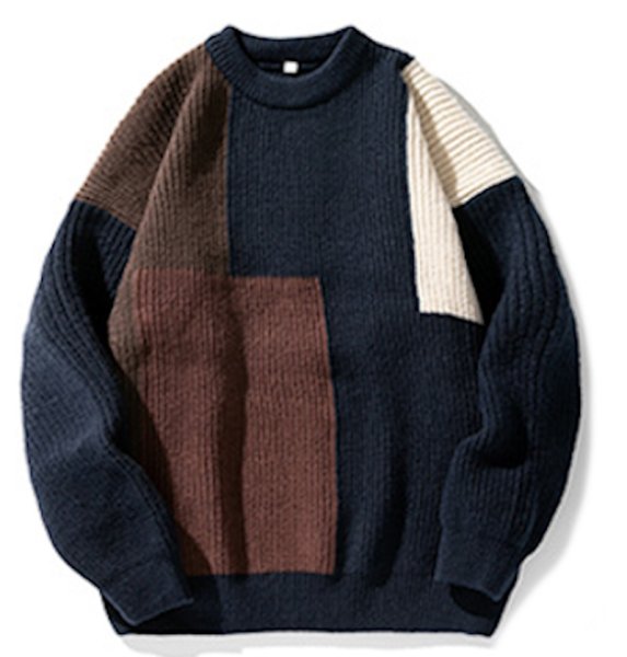 画像1: Unisex Round neck color block sweater knit　男女兼用 ラウンドネックカラーブロックセーターニットプルオーバー (1)