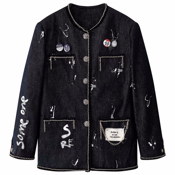 画像1: Chain piping Paris illustration denim jacket coat 　　チェーンパイピングパリイラストデニムジャケットコート (1)