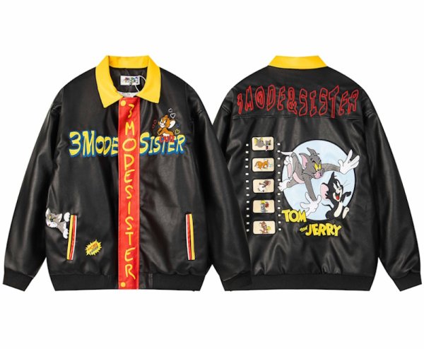 画像1: Tom and Jerry embroidery contrast color leather jacket  Jumper stadium jacket　 ユニセックス 男女兼用トムとジェリートム&ジェリー刺繍コントラストカラーレザースタジャンジャケットMA1 ブルゾン　 (1)