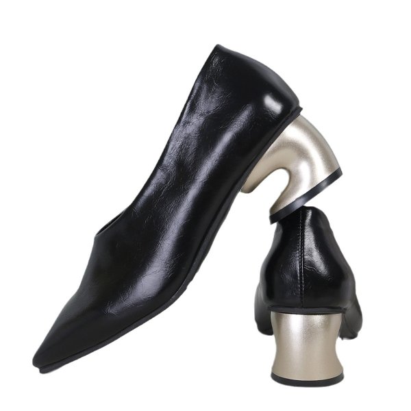 画像1: Square toe leather metal heel pumps Shoes 　スクエアトゥレザーメタルヒールパンプスシューズ (1)