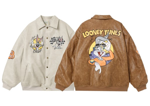 画像1: Bugs Bunny Leather Jacket stadium jumper jacket baseball uniform blouson  ユニセックス 男女兼用 バッグスバニーレザージャケットスタジアムジャンパー  スタジャン MA-1 ボンバー  ブルゾン (1)