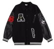 画像1: Sleeve leather alphabet logo embroidery stadium jumper jacket baseball uniform blouson  ユニセックス 男女兼用スリーブレザー アルファベットロゴ刺繍スタジアムジャンパー  スタジャン MA-1 ボンバー  ブルゾン (1)