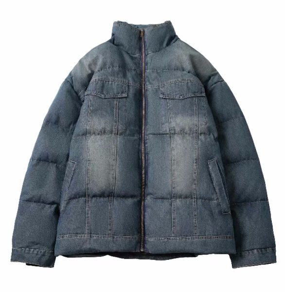 画像1: Unisex Washed denim down quilted jacket baseball jacket  uniform blouson  ユニセックス 男女兼用ウォッシュデニムダウンキルティングジップアップジャケットスタジャン MA-1 ボンバー ジャケット ブルゾン (1)