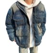 画像3: Unisex Washed denim down quilted jacket baseball jacket  uniform blouson  ユニセックス 男女兼用ウォッシュデニムダウンキルティングジップアップジャケットスタジャン MA-1 ボンバー ジャケット ブルゾン (3)