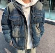 画像4: Unisex Washed denim down quilted jacket baseball jacket  uniform blouson  ユニセックス 男女兼用ウォッシュデニムダウンキルティングジップアップジャケットスタジャン MA-1 ボンバー ジャケット ブルゾン (4)