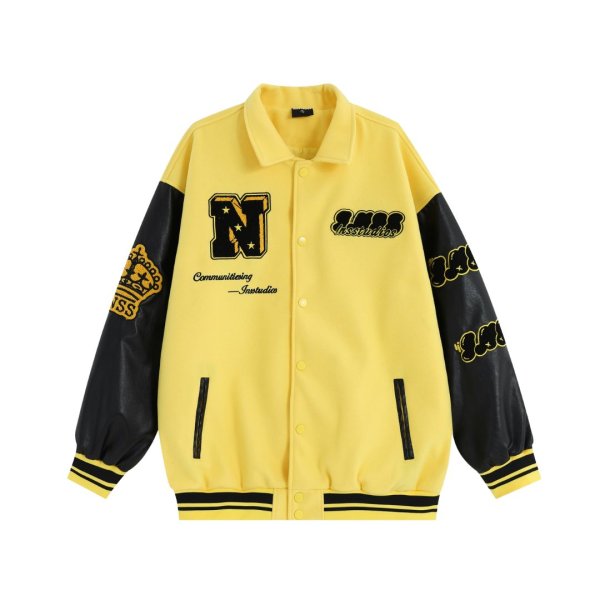 画像1: INS Color Round emblem smile embroidered letter stitching baseball uniform jacket BASEBALL JACKET  blouson  ユニセックス 男女兼用 刺繍エンブレムレターロゴ刺繍ジャケットスタジアムジャンパー スタジャン MA-1 ボンバー ジャケット ブルゾン (1)