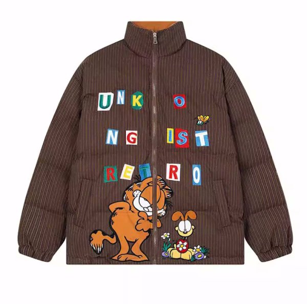 画像1: Unisex Garfield & letter logo embroidered down jacket uniform blouson  ユニセックス 男女兼用ガーフィールド&レターロゴ刺繍ダウンジップアップジャケットスタジャン MA-1 ボンバー ジャケット ブルゾン (1)