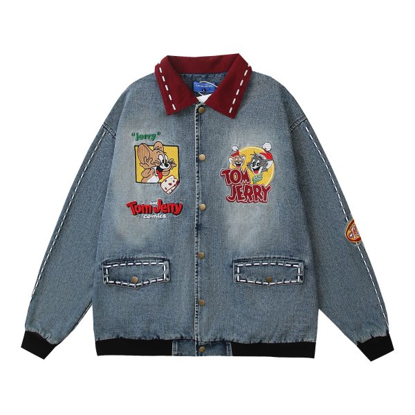 画像1: Denim stitch Tom and Jerry embroidered jacket coat  ユニセックス 男女兼用 デニムステッチトムとジェリー刺繍ジャケットブルゾンコート (1)