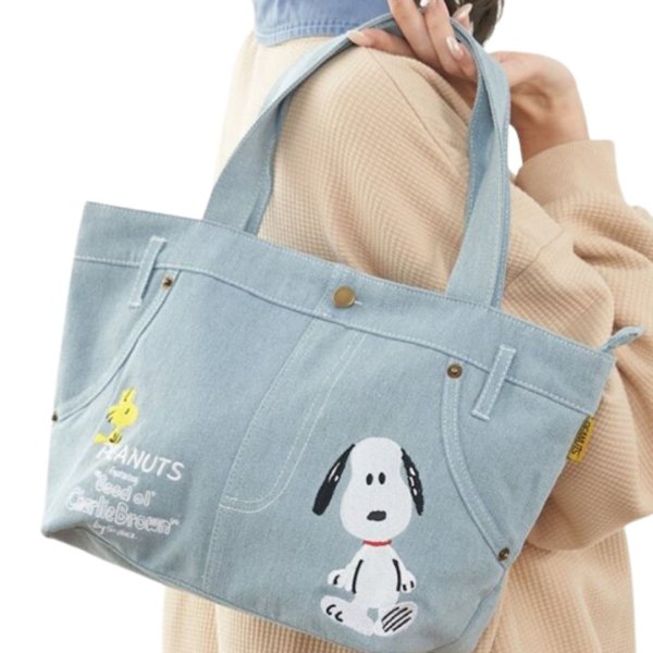 画像1: Snoopy painted denim pants style tote shoulder shopping bag  　スヌーピーペイントデニムパンツ風トートショルダーショッピングバッグ (1)