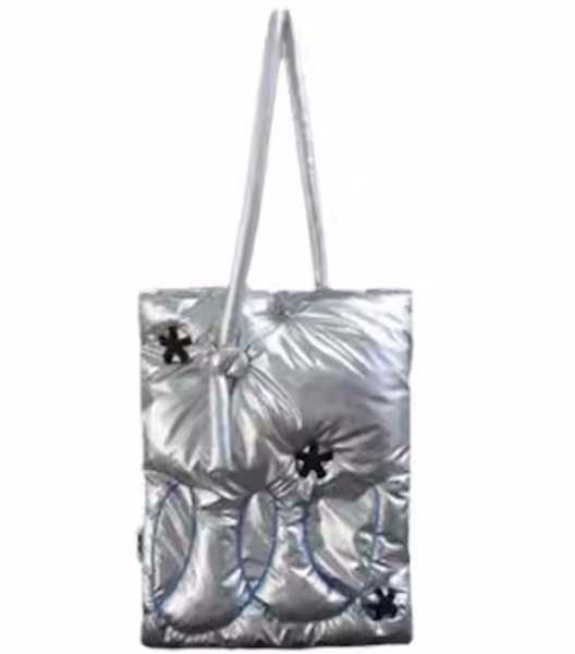 画像1: Silver Letter Sparkling Portable Lightweight Down Stitch Shoulder Tote Bag　 シルバーレタースパークリングポータブル軽量ダウンワンハンドルステッチショルダートートバッグ (1)