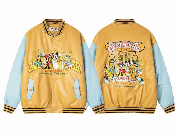 画像1: Leather Mickey Mouse and Friends Embroidered Baseball Jacket blouson  ユニセックス 男女兼用 レザーミッキーマウスと仲間たち刺繍ベースボールジャケットスタジャン MA-1 ボンバー ジャケット ブルゾン (1)