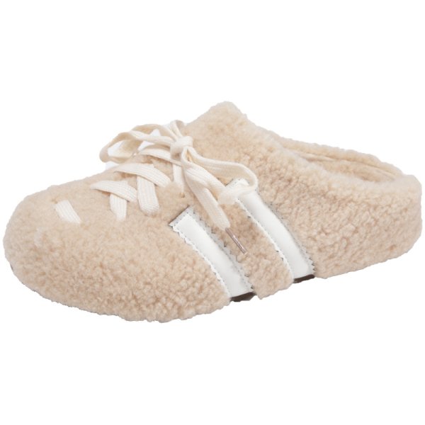 画像1: Thick-soled fur two-line lace-up slipper sandals half slippers　ユニセックスファー厚底2本ラインレースアップスリッパサンダル (1)