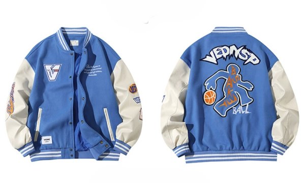 画像1: Basketball Embroidery Stadium Jumper Baseball Jacket blouson  ユニセックス 男女兼用 バスケットボール刺繍コントラストカラーベースボールジャケットスタジャン MA-1 ボンバー ジャケット ブルゾン (1)