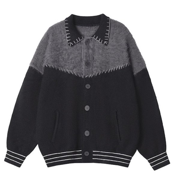 画像1: Collared knit cardigan jacket　ユニセックス 男女兼用襟付き切り替えバイカラーカーディガンセータジャケット ブルゾン (1)