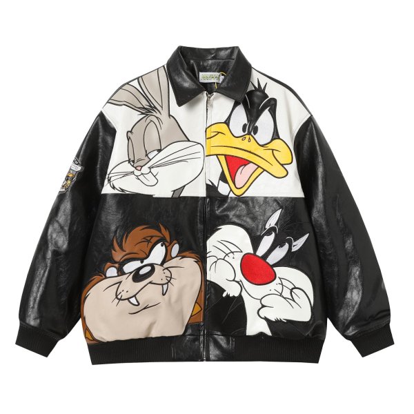 画像1: Bugs Bunny Leather Zip Up Oversized Jacket baseball uniform Vintage jacket blouson ユニセックス 男女兼用 オーバーサイズ バックスバニー ヴィンテージ加工 レザージップアップジャケット スタジアムジャンパー スタジャン ブルゾン (1)