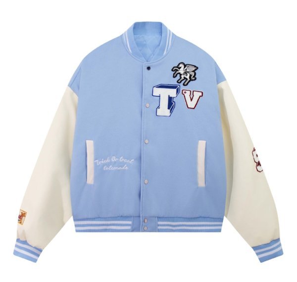 画像1: Stitching and color matching PU leather sleeve animal letter embroidery baseball jacket Stadium Jumper  blouson  ユニセックス 男女兼用ステッチとカラーマッチングPUレザー袖アニマルレター刺繍ジャケットベースボールジャケットスタジアムジャンパージャケット スタジャン ブルゾン (1)