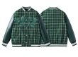 画像3: Unisex checked leather sleeve stadium jumpere baseball jacket Stadium Jumper  blouson  ユニセックス 男女兼用ユニセックスチェックPUレザー袖ジャケットベースボールジャケットスタジアムジャンパージャケット スタジャン ブルゾン (3)