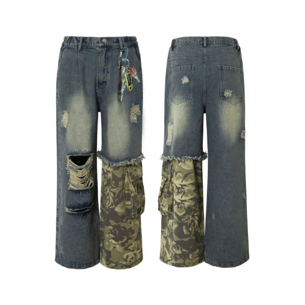 画像1: Unisex Camouflage & Blue Denim Patchwork Color Matching Hole Wash Jeans　 男女兼用 ユニセックス 迷彩&ブルーデニムパッチワークカラーマッチングホールウォッシュジーンズ (1)