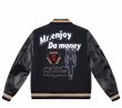 画像1: MR ENJOY DA MONEY Logo embroidery PU leather sleeve animal letter embroidery baseball jacket Stadium Jumper  blouson  ユニセックス 男女兼用MR ENJOY DA MONEY ロゴ刺繍PUレザー袖ジャケットベースボールジャケットスタジアムジャンパージャケット スタジャン ブルゾン (1)