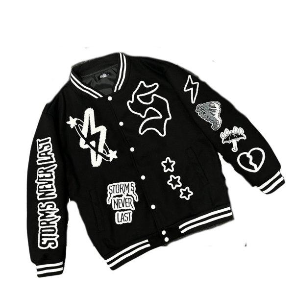 画像1: STORMS logo and hip hop embroidery baseball jacket Stadium Jumper  blouson  ユニセックス 男女兼用STORMSロゴ＆ヒップホップ刺繍ベースボールジャケットスタジアムジャンパージャケット スタジャン ブルゾン (1)