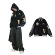 画像2: Heart PU leather sleeve BASEBALL JACKET baseball uniform jacket blouson  ユニセックス 男女兼 用  ハート 刺繍 エンブレム レザースリーブ ヒップホップ スタジアムジャンパー スタジャン MA-1 ボンバー ジャケット ブルゾン (2)