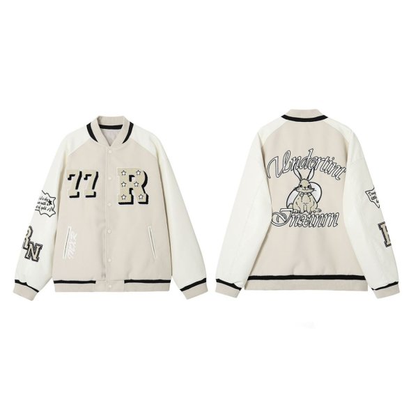 画像1: Oversized Rabbit embroideryJumper jacket baseball uniform jacket blouson　ユニセックス男女兼用 ラビット ウサギ 刺繍ジャケットスタジアムジャンパー スタジャン ブルゾンジャケット (1)