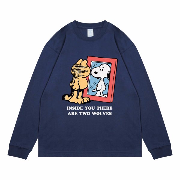 画像1: Garfield & Snoopy round neck long sleeve Print Tshirts ユニセックス男女兼用 ガーフィールド& スヌーピーラウンドネック長袖Tシャツ  (1)