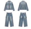 画像2: Distressed stand-up collar zip-up jacket and loose denim suit set Setup jacket and Pants Set  ダメージ加工スタンドカラージップアップジャケット ルーズデニムスーツセットアップ (2)