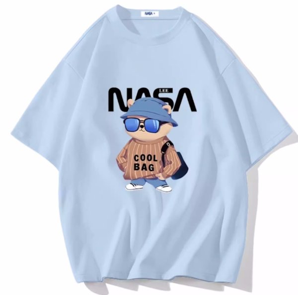 画像1: unisex NASA× Going out with sunglasses bear print Short Sleeve T-Shirt 　お出かけサングラスベア熊プリントラウンドネック Tシャツ ユニセックス 男女兼用 (1)
