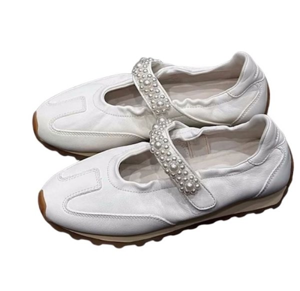 画像1: Women's Leather pearl velcro ballerina style sneakers　 レザーパールベルクロバレリーナシューズスタイルスニーカーシューズ (1)