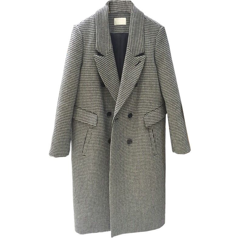 Women's Houndstooth lapel double-breasted long coat 千鳥格子ダブル